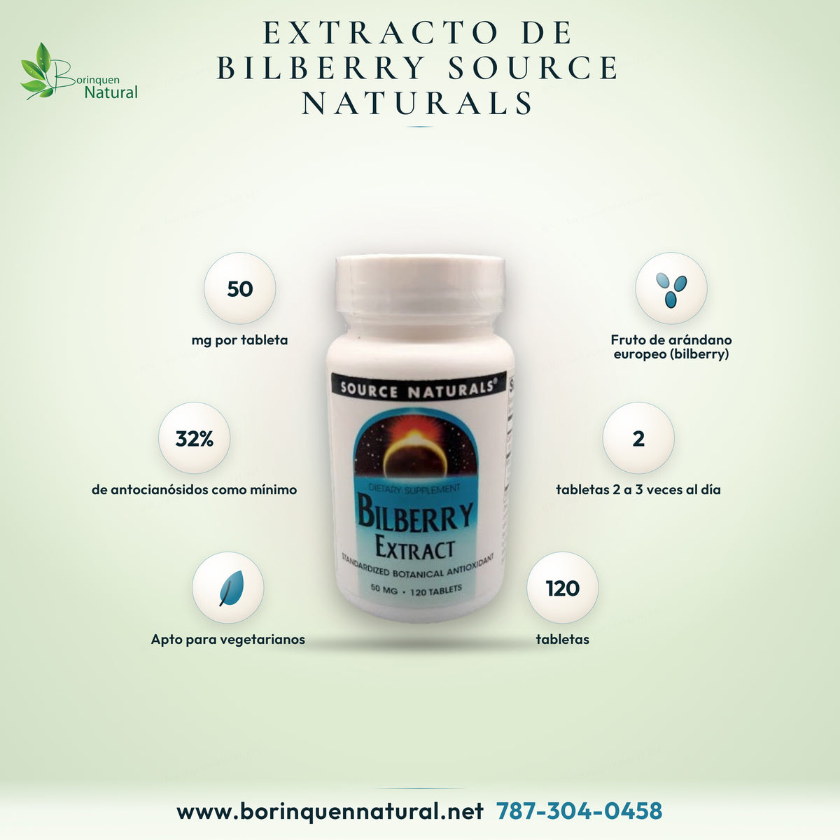 Bilberry Extract 50 mg de Source Naturals, antioxidante botánico estandarizado, frasco de 120 tabletas