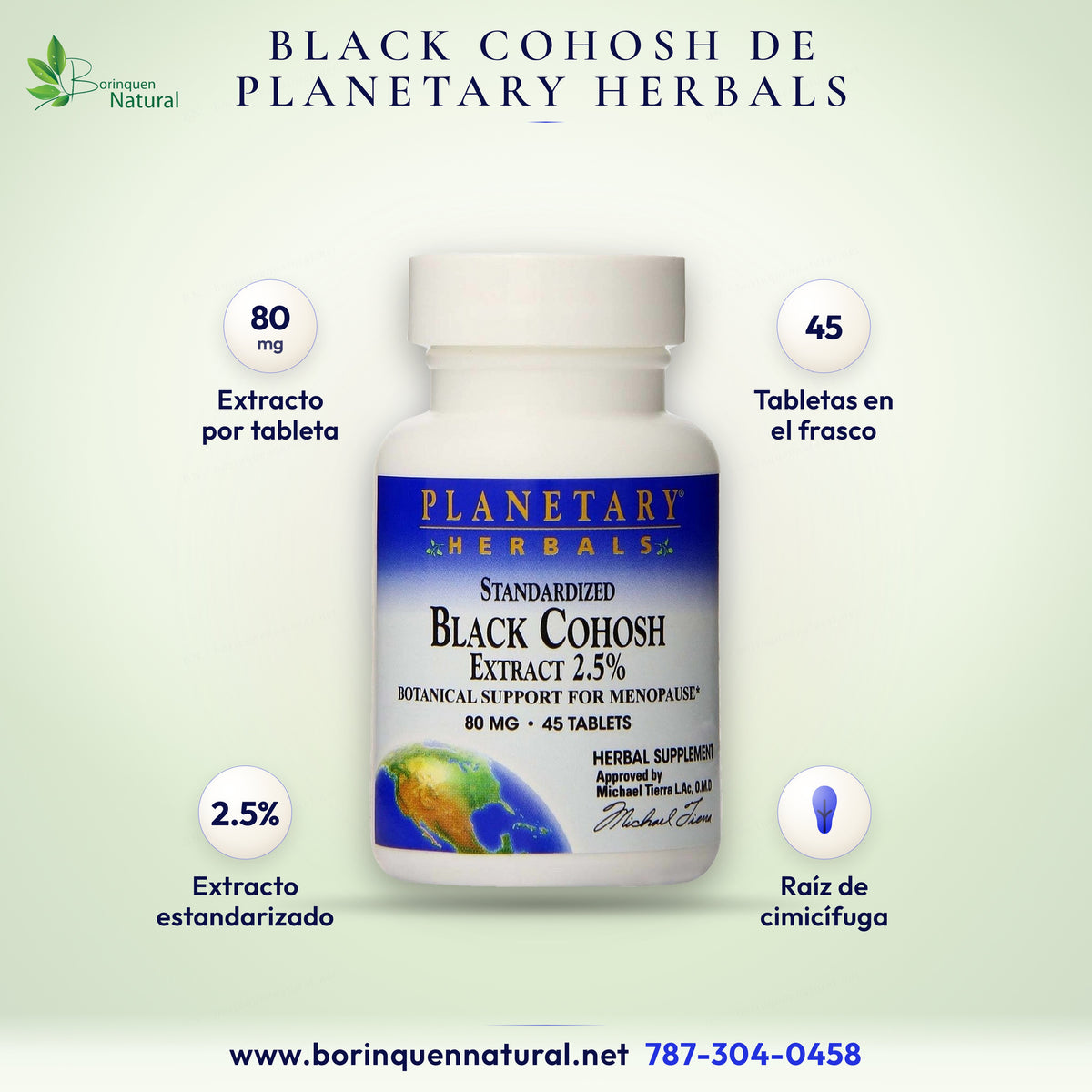 Black cohosh (cimicífuga) estandarizada al 2.5 % de Planetary Herbals, 80 mg por tableta, frasco de 45 tabletas
