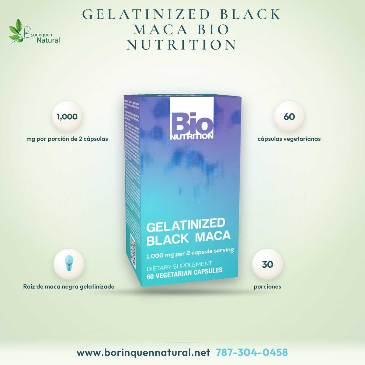 Gelatinized Black Maca de Bio Nutrition, maca negra gelatinizada de 1,000 mg por porción de 2 cápsulas, caja de 60 cápsulas vegetarianas