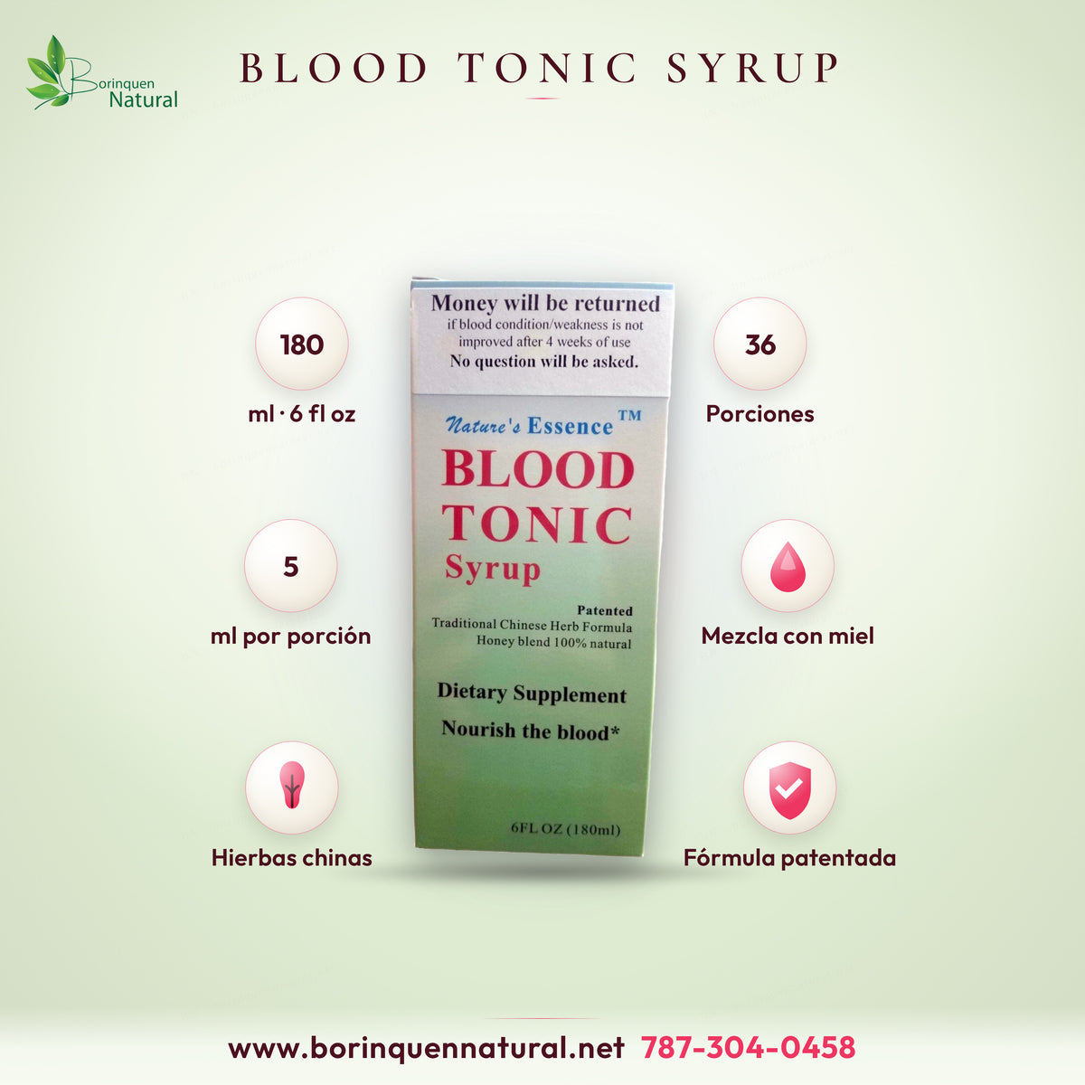 Blood Tonic Syrup de Nature's Essence, jarabe de hierbas chinas tradicionales con miel, suplemento dietético, caja de 6 fl oz (180 ml)