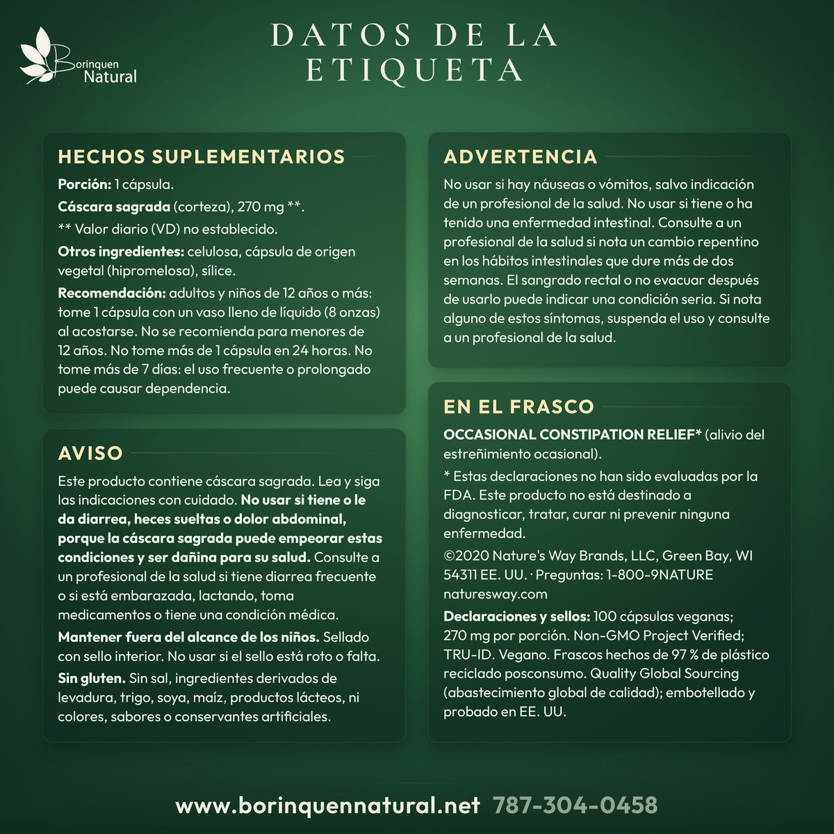 Datos de Cáscara Sagrada Nature's Way: tabla, uso, avisos, declaraciones impresas y descargo FDA.