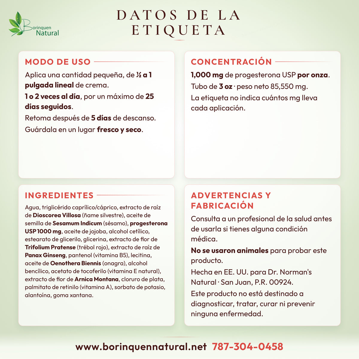 Datos de la etiqueta de la crema de progesterona: modo de uso, concentración, ingredientes y advertencias