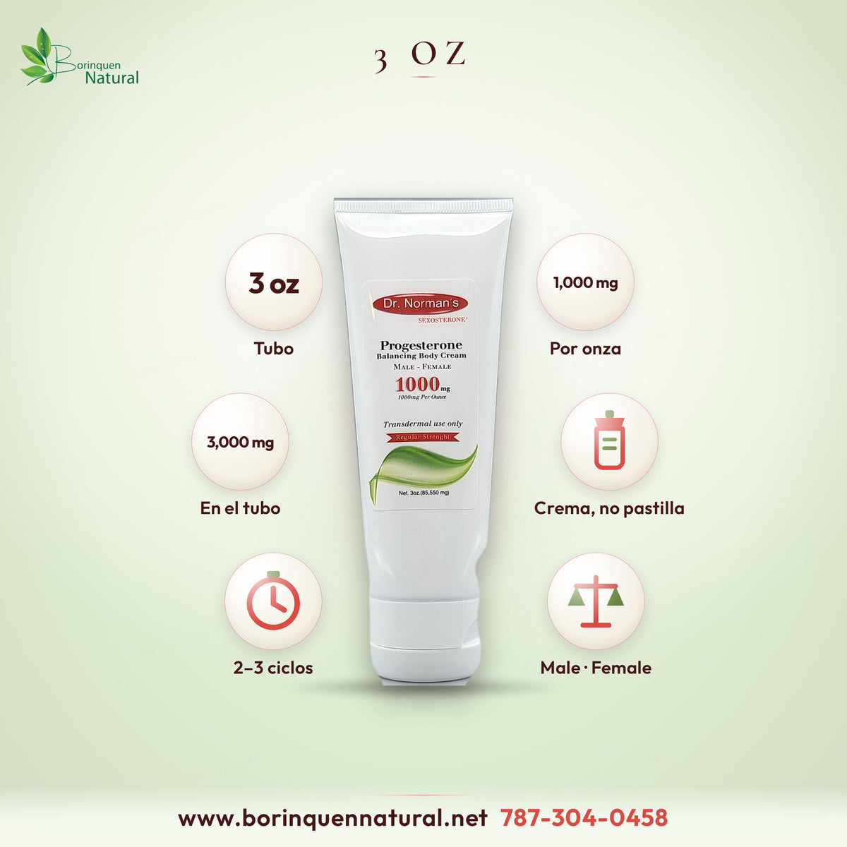 Tubo de 3 oz con 1,000 mg de progesterona USP por onza, crema transdérmica unisex