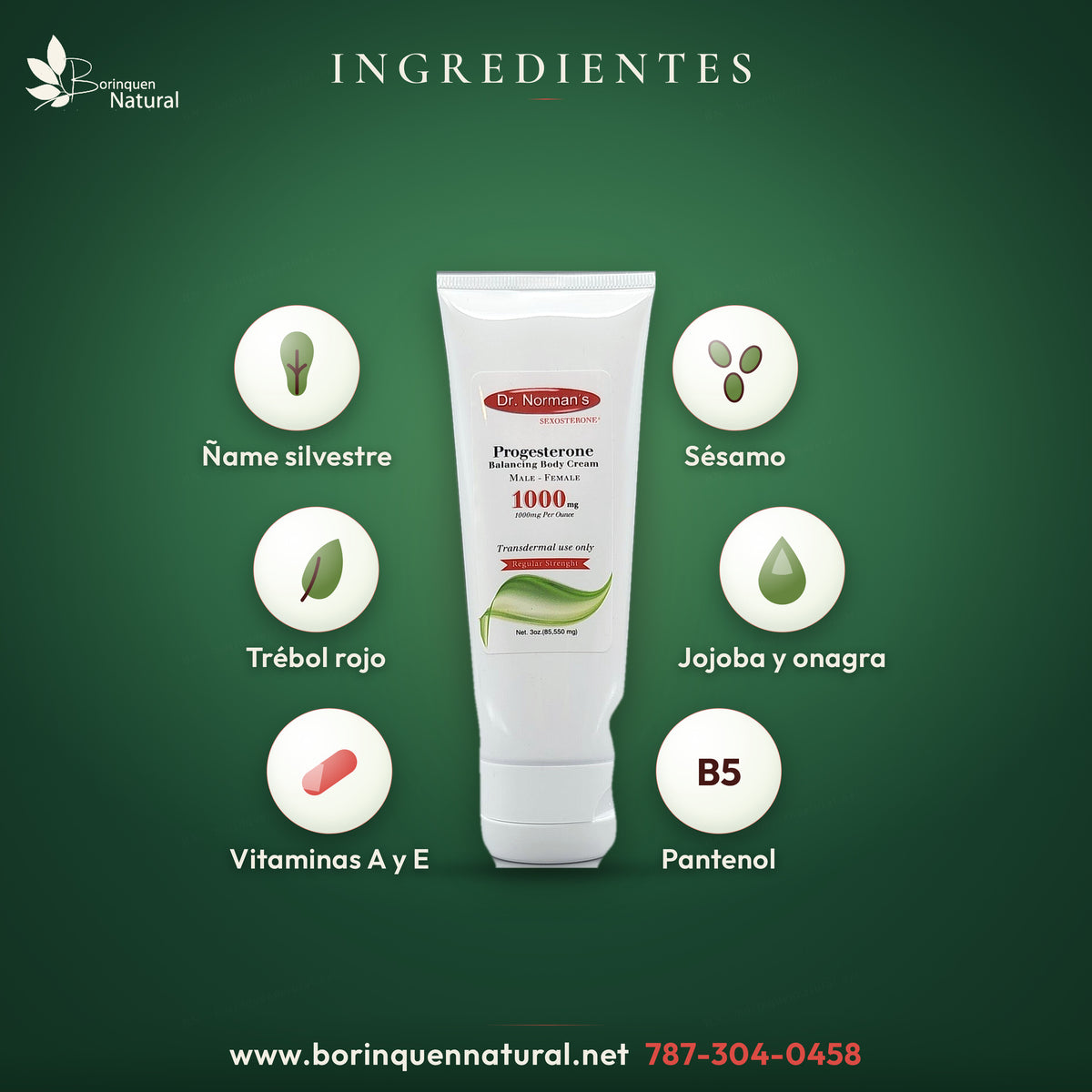 Ingredientes de la crema de progesterona: ñame silvestre, sésamo, trébol rojo, jojoba, onagra, vitaminas A y E y pantenol