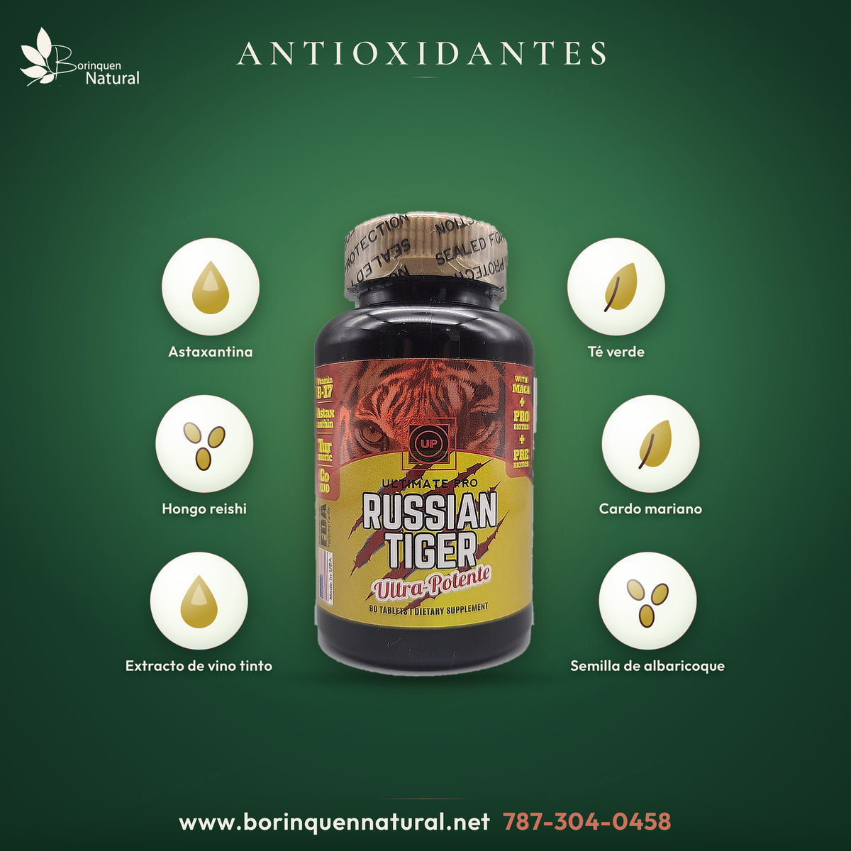 Antioxidantes de Russian Tiger: astaxantina, té verde, hongo reishi, cardo mariano y vino tinto