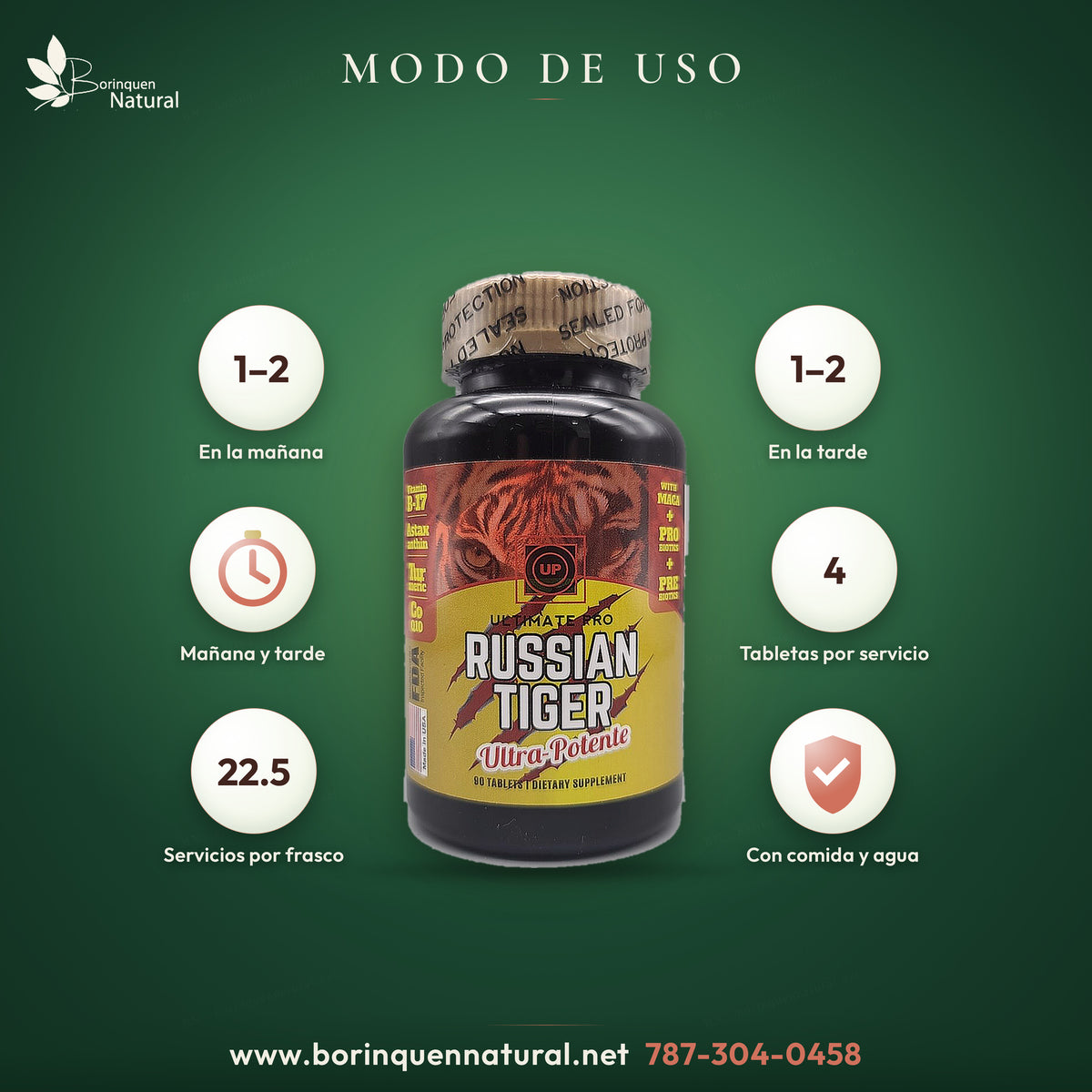 Modo de uso Russian Tiger: 1 a 2 tabletas en la mañana y en la tarde, con comida y agua