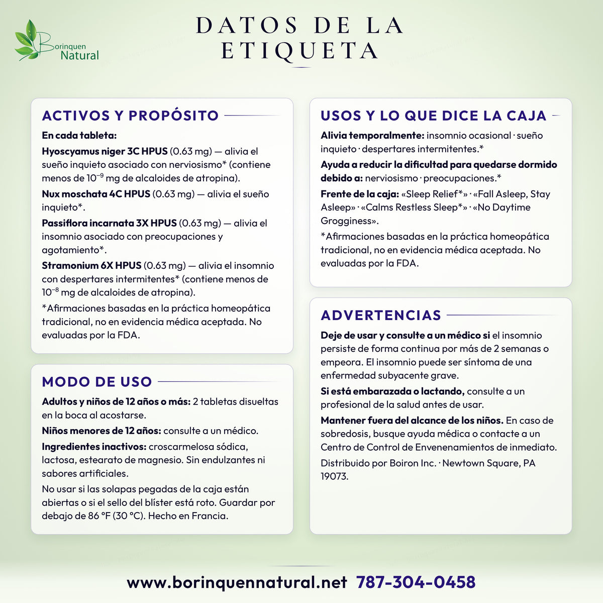 Datos de la etiqueta de SleepCalm Boiron: activos y propósito, usos, modo de uso y advertencias