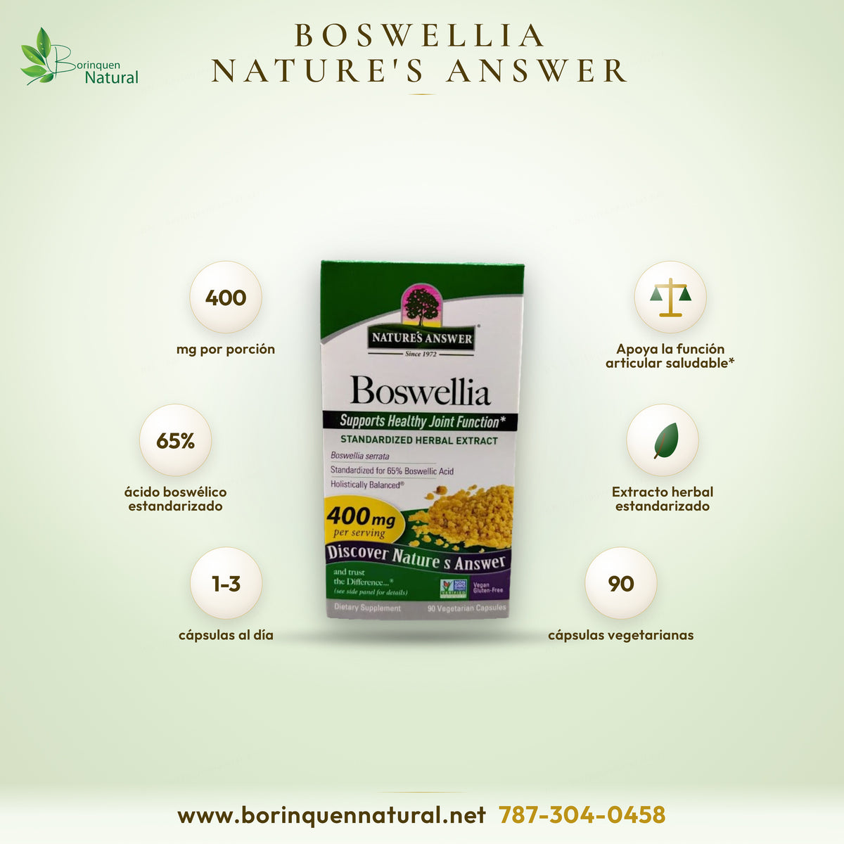 Boswellia de Nature's Answer, apoya la función articular saludable, 400 mg por porción, 90 cápsulas vegetarianas
