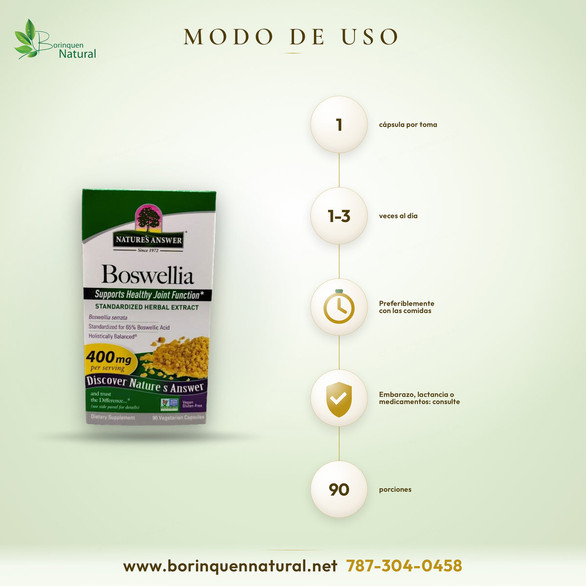 Modo de uso de la Boswellia de Nature's Answer: 1 cápsula de 1 a 3 veces al día, mejor con las comidas