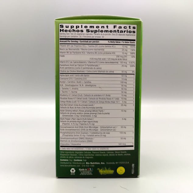 Brain Wellness de Bio Nutrition, frasco de 60 cápsulas vegetarianas para la memoria — vista posterior del envase