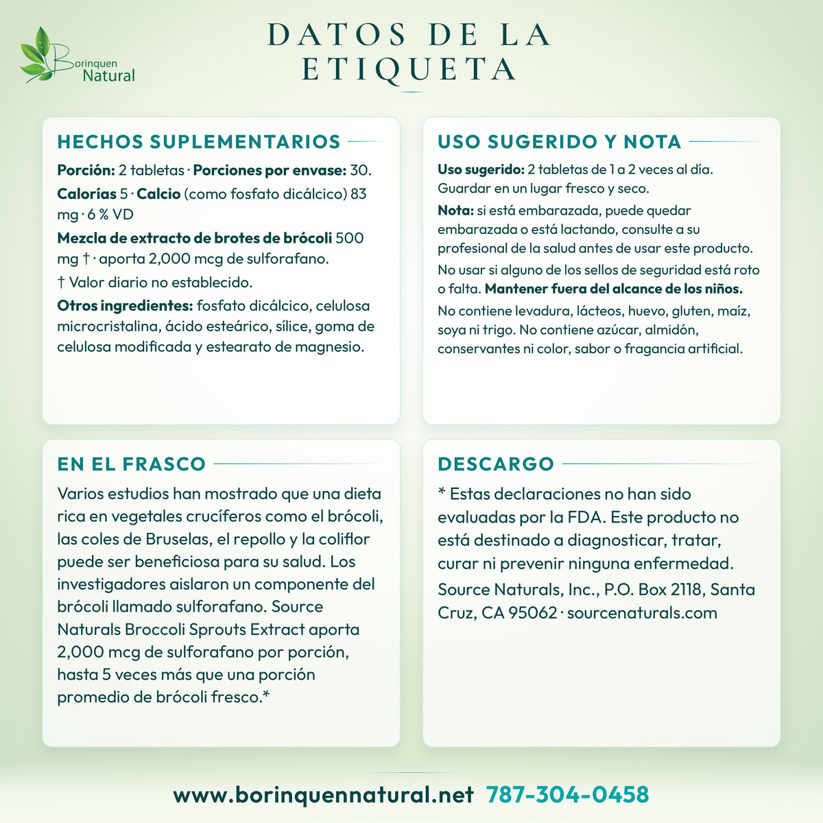 Datos de la etiqueta del extracto de brócoli de Source Naturals: hechos suplementarios, uso y lo que dice el frasco