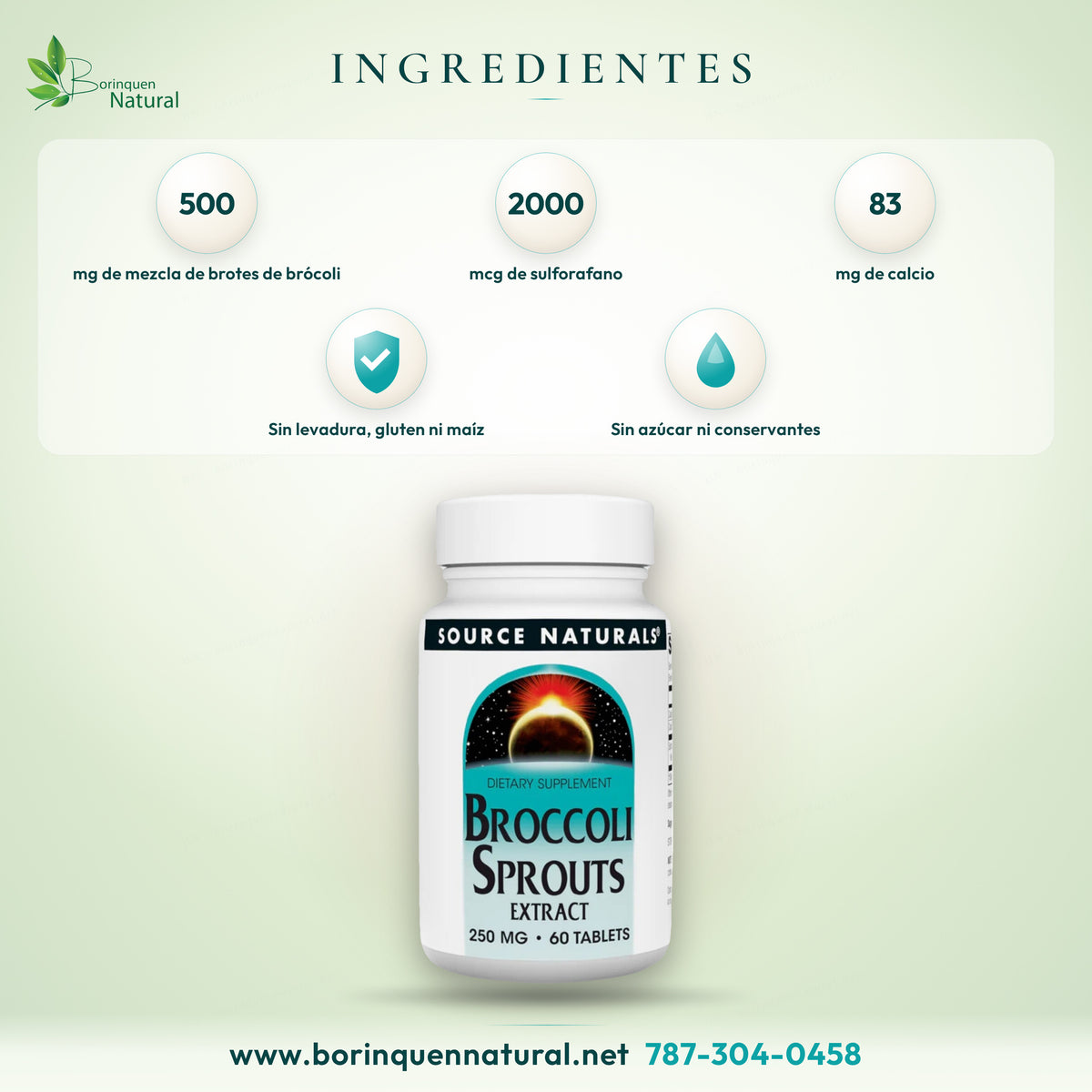 Ingredientes del extracto de brócoli de Source Naturals: mezcla de brotes de brócoli con sulforafano y calcio