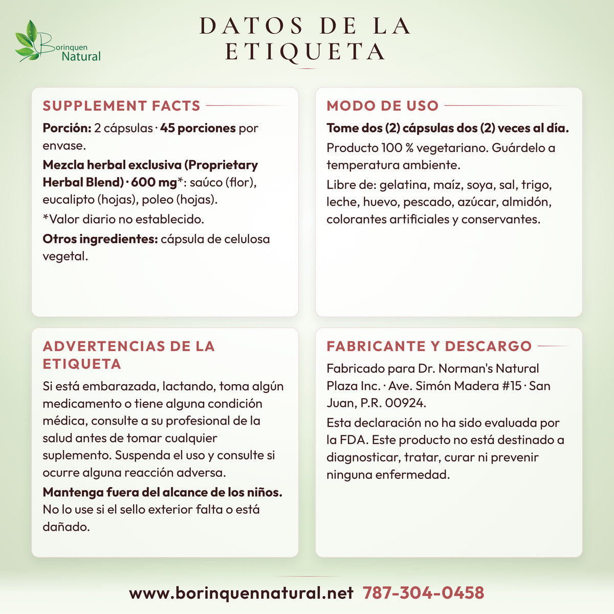 Datos de la etiqueta de Broncoplex de Dr. Norman's: tabla de suplemento, modo de uso, advertencias y fabricante