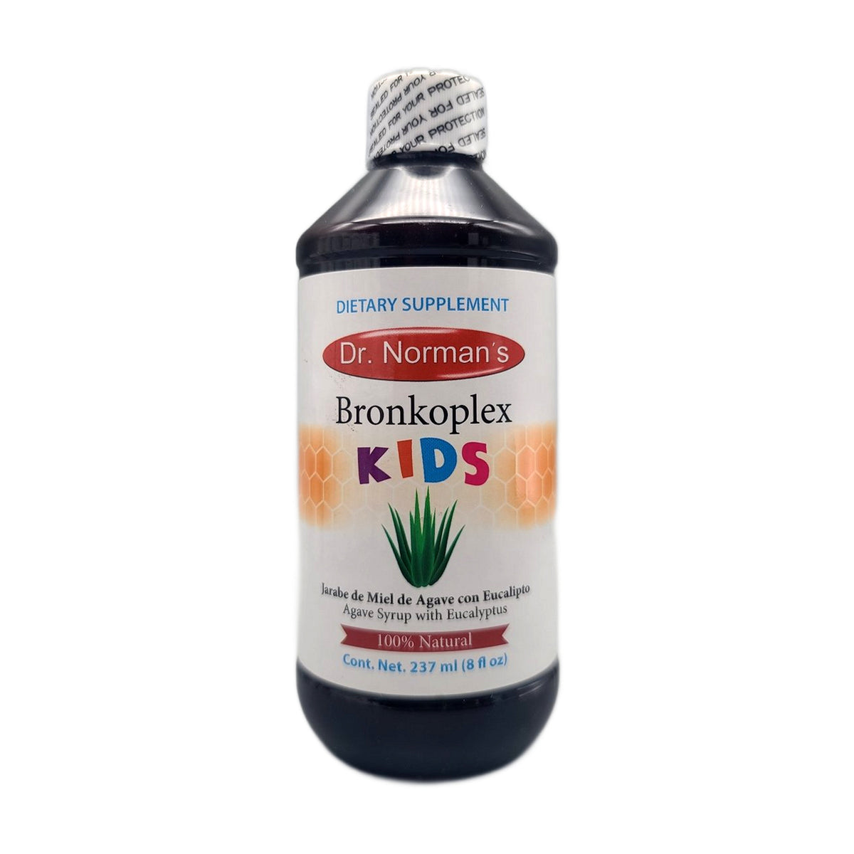 Frasco de Bronkoplex Kids Dr. Norman's, jarabe de miel de agave con eucalipto para niños, 237 ml (8 fl oz)