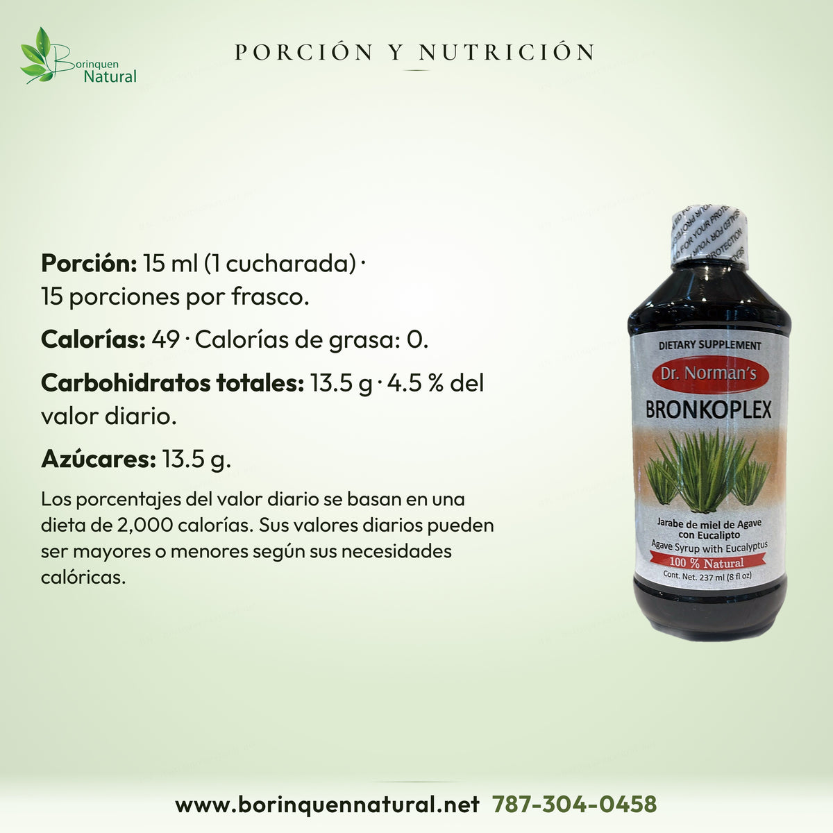 Por cucharada de 15 ml de Bronkoplex: 49 calorías, 13.5 g de carbohidratos (4.5 % del valor diario) y 13.5 g de azúcares