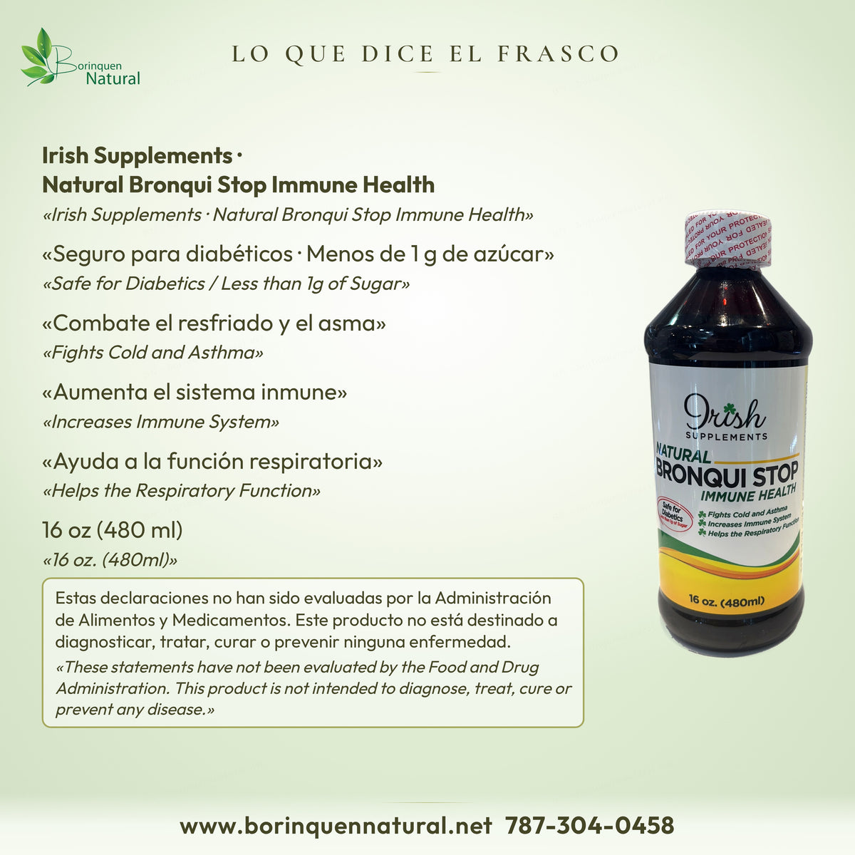 Lo que dice el frasco de Bronqui Stop Immune Health de Irish Supplements: seguro para diabéticos, 16 oz (480 ml)