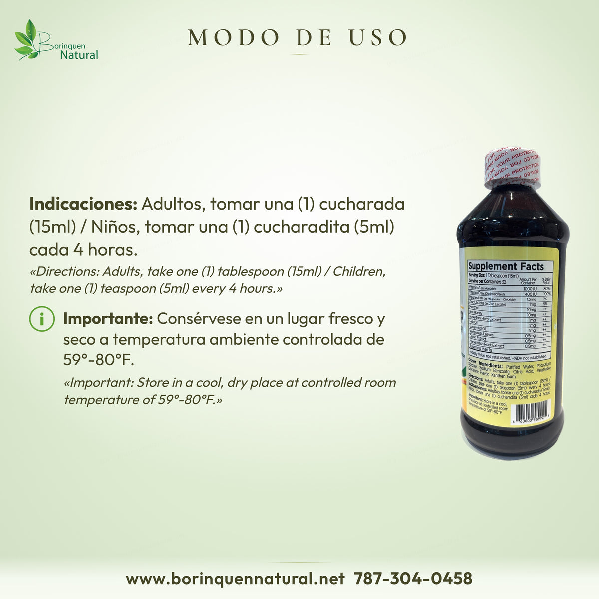 Modo de uso de Bronqui Stop: adultos 1 cucharada (15 ml), niños 1 cucharadita (5 ml) cada 4 horas