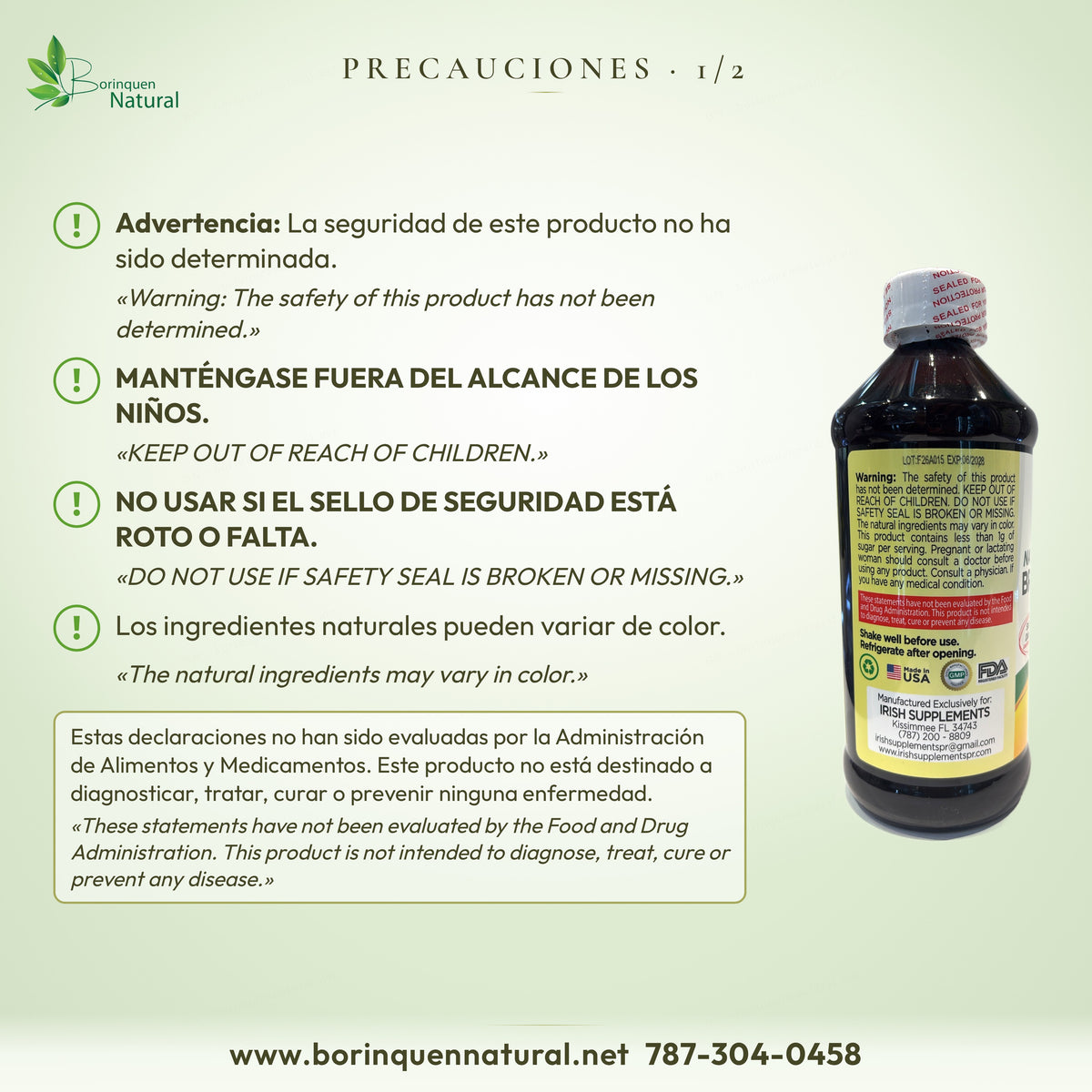 Precauciones de Bronqui Stop: seguridad no determinada, fuera del alcance de los niños, no usar si el sello está roto o falta