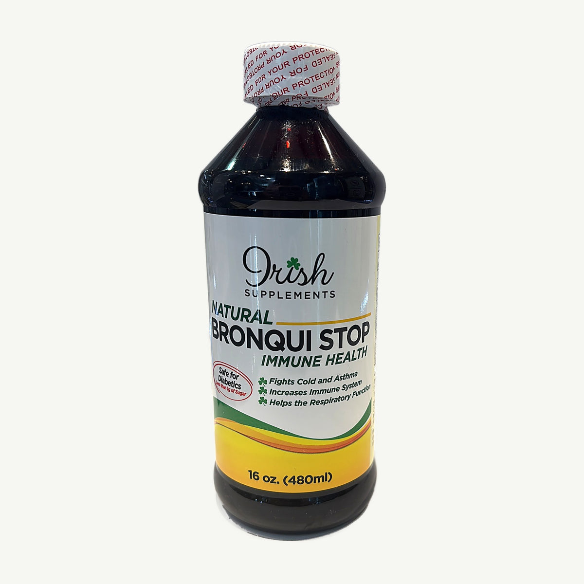 Bronqui Stop Irish Supplements: foto real del frente del envase tomada en la tienda Borinquen Natural