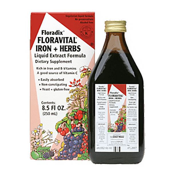 Caja y botella de Floravital Iron + Herbs de Floradix, extracto líquido sin gluten ni levadura, 8.5 fl oz (250 ml)