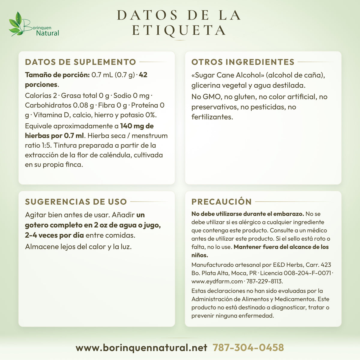 Datos de la etiqueta de las gotas de caléndula E&D Herbs: datos de suplemento, otros ingredientes, uso y precaución