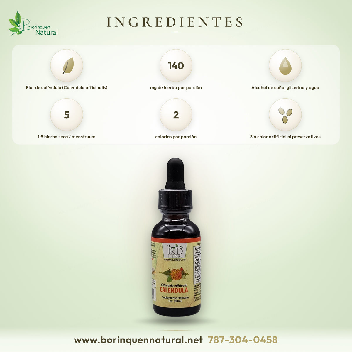 Ingredientes de las gotas de caléndula E&D Herbs: flor de Calendula officinalis 1:5, alcohol de caña, glicerina y agua