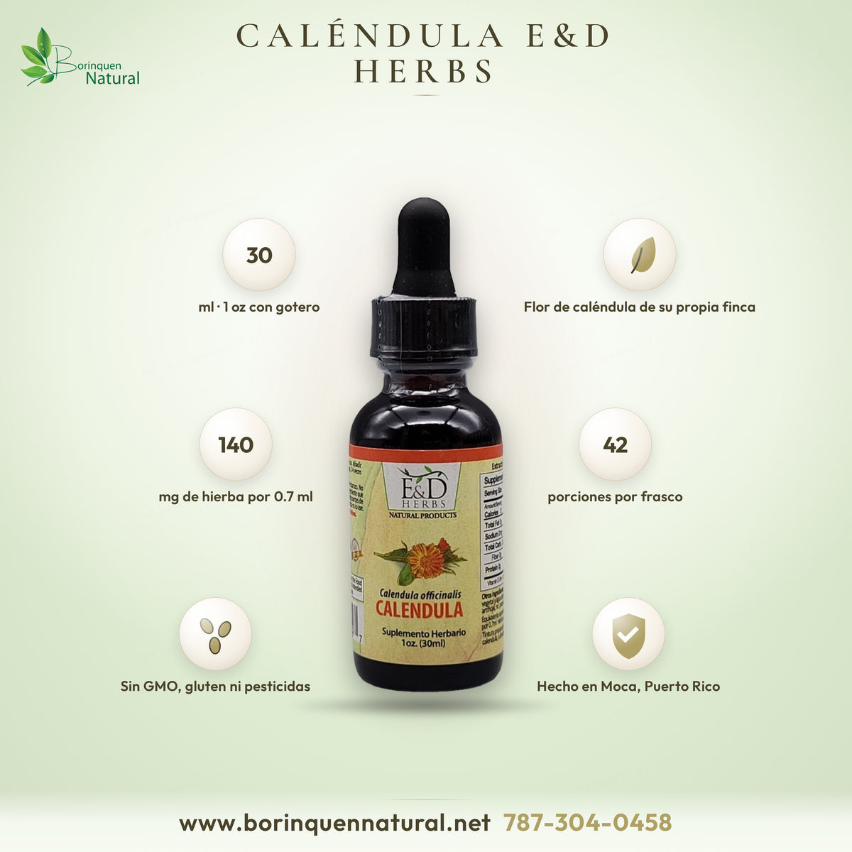 Gotas de caléndula E&D Herbs: 30 ml (1 oz) con gotero, 42 porciones, 140 mg de hierba por 0.7 ml, hecho en Moca, PR