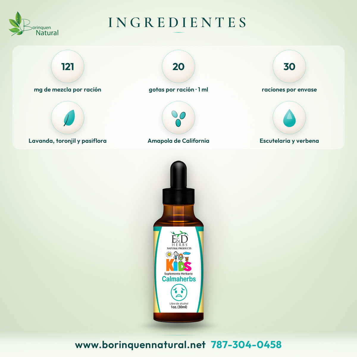 Ingredientes del Glicerito Calmaherbs: mezcla de 121 mg por ración de amapola de California, escutelaria, lavanda, toronjil, pasiflora y verbena en glicerina orgánica