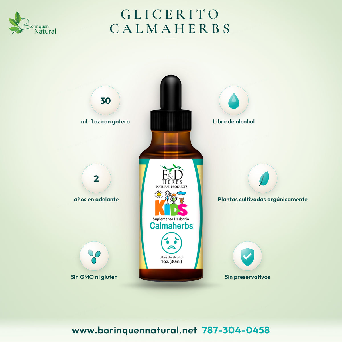 Glicerito Calmaherbs KIDS de E&D Herbs, suplemento herbario libre de alcohol en frasco gotero ámbar de 1 oz (30 ml)