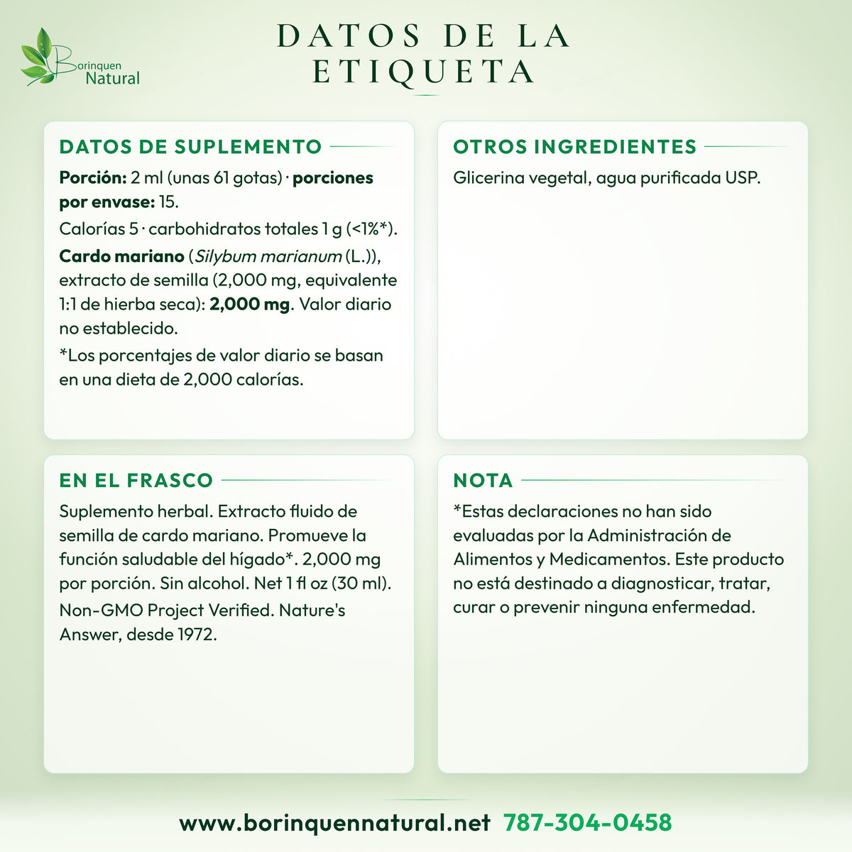 Datos de la etiqueta del Milk Thistle sin alcohol de Nature's Answer: datos de suplemento, otros ingredientes y lo que dice el frasco