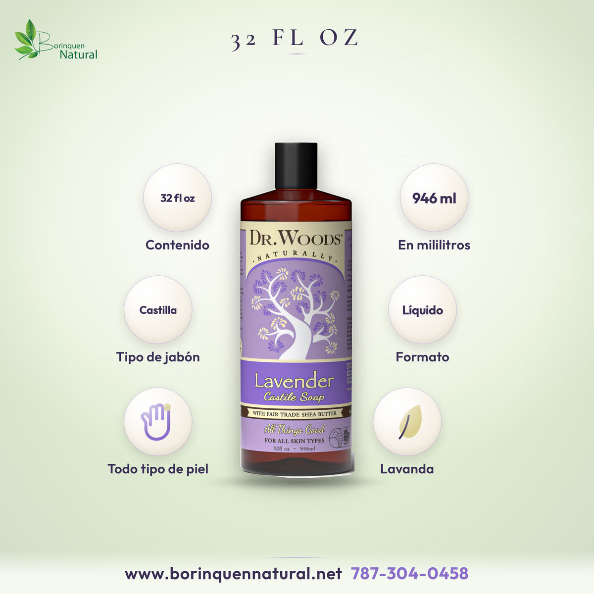 Formato del jabón de Castilla de lavanda de Dr. Woods: 32 fl oz, 946 ml, para todo tipo de piel