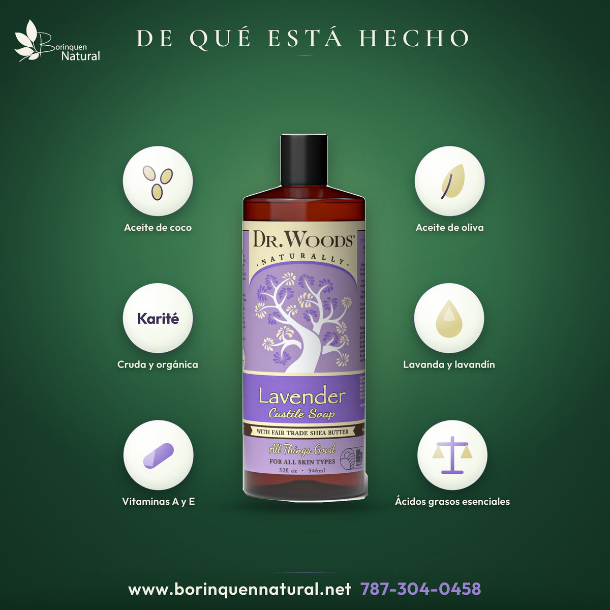 Composición del jabón de Castilla de lavanda: base de aceite de coco y oliva, manteca de karité orgánica y aceites esenciales de lavanda
