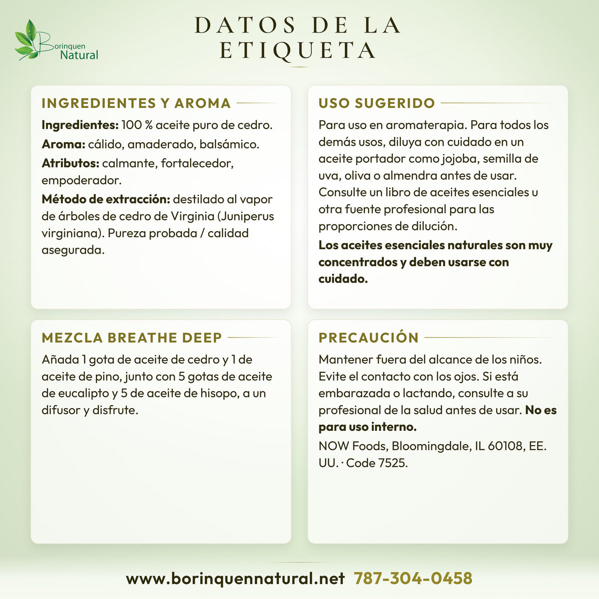 NOW cedarwood oil label facts: ingredients, suggested use, Breathe Deep blend and caution