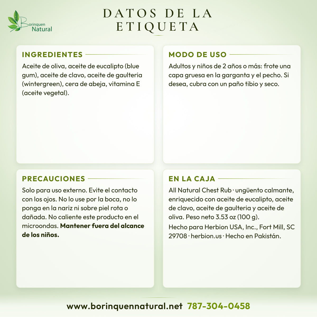 Datos de la etiqueta del Chest Rub de Herbion: ingredientes, modo de uso, precauciones y fabricante