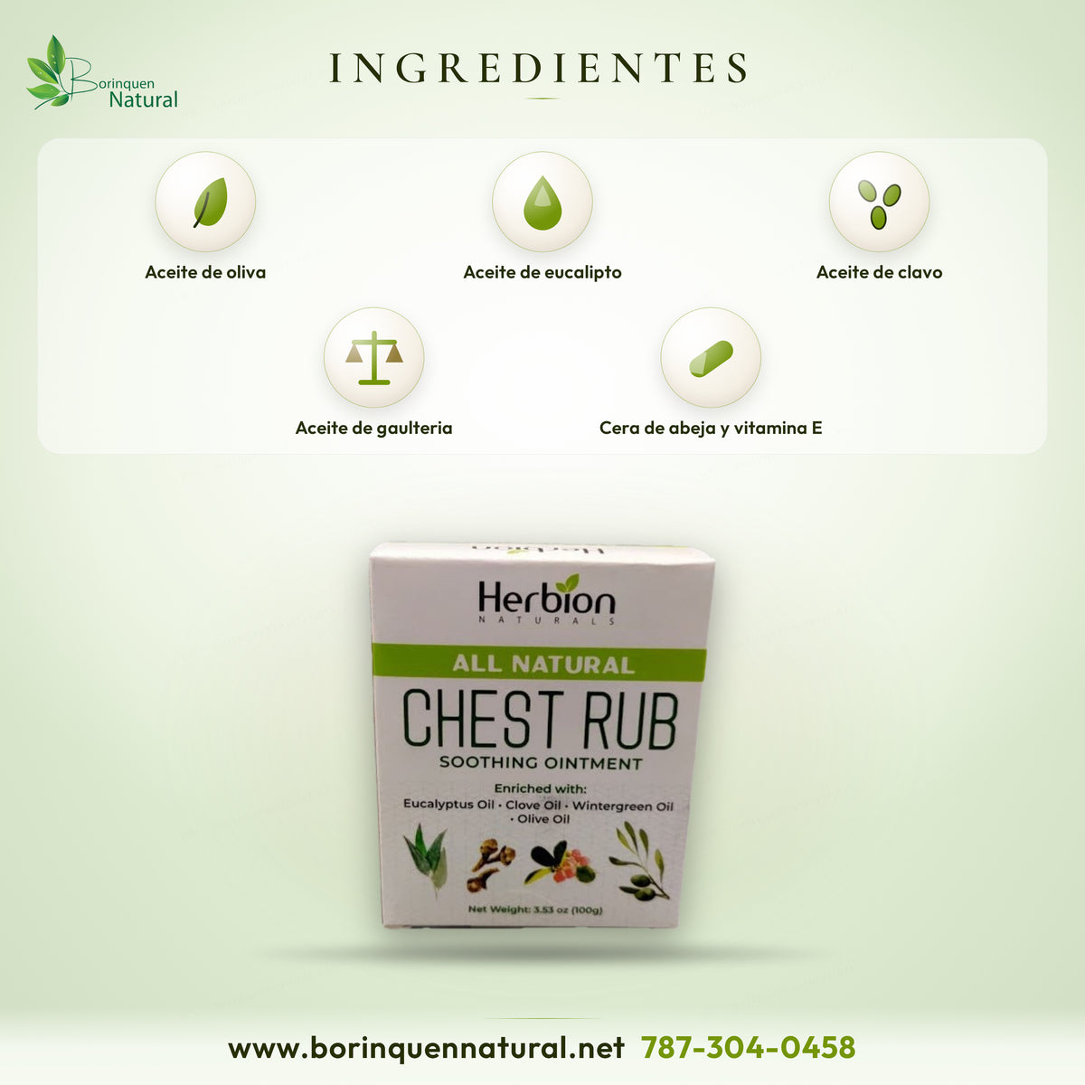 Ingredientes del Chest Rub de Herbion: aceite de oliva, eucalipto, clavo, gaulteria, cera de abeja y vitamina E