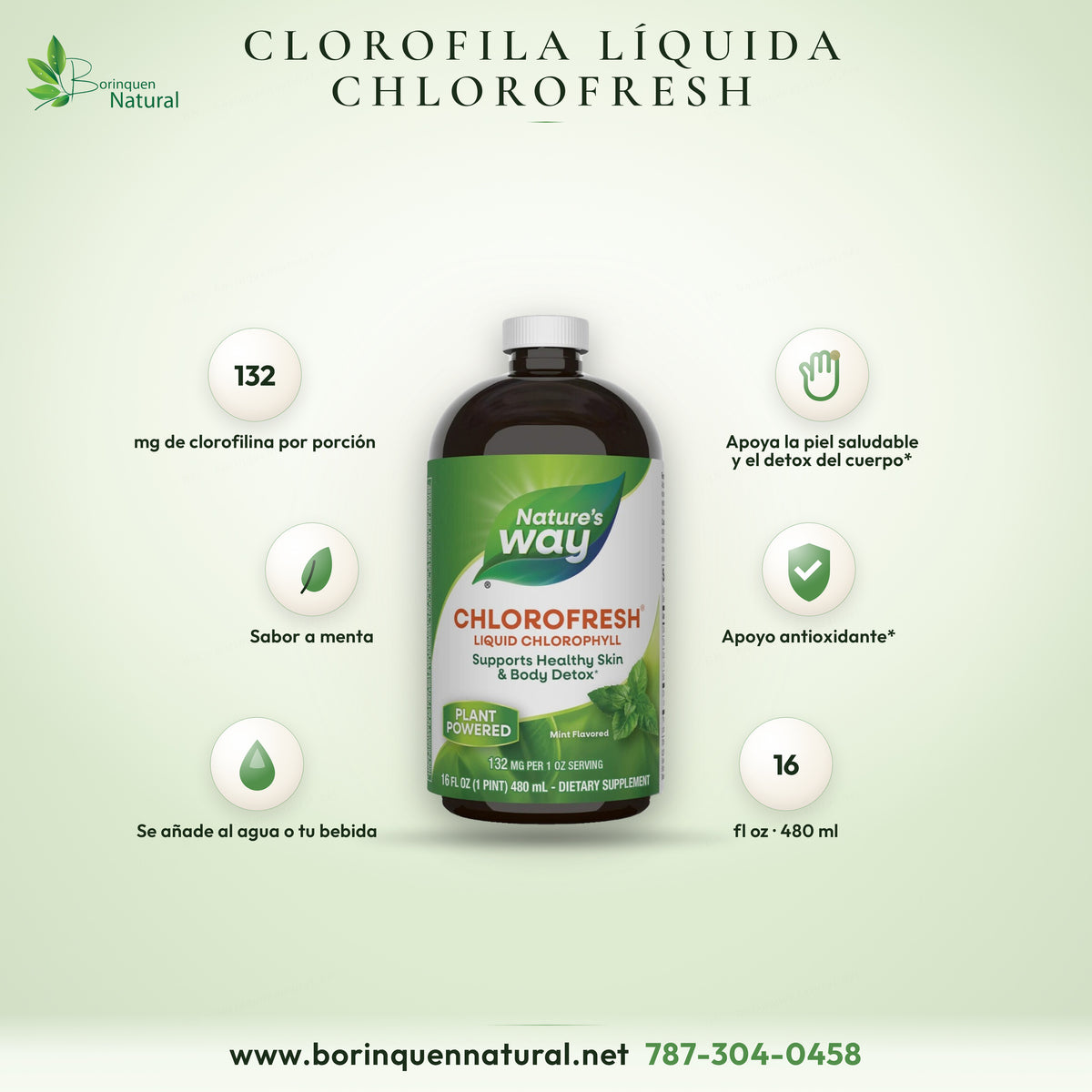 Lámina de Clorofila Líquida Chlorofresh: 132 mg de clorofilina por porción, sabor a menta y 16 fl oz (480 ml)