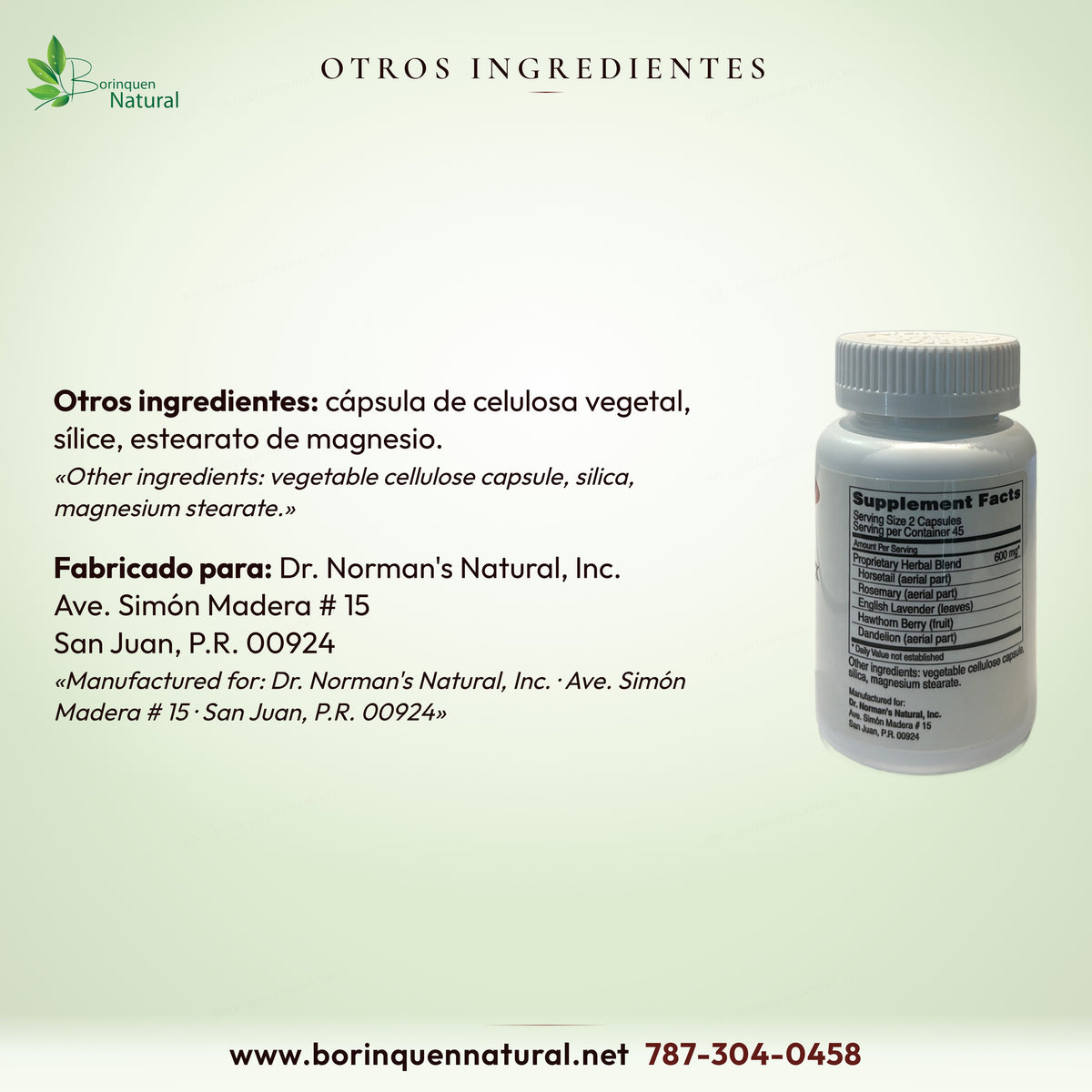 Otros ingredientes de Circuplex: cápsula de celulosa vegetal, sílice, estearato de magnesio; fabricado para Dr. Norman's