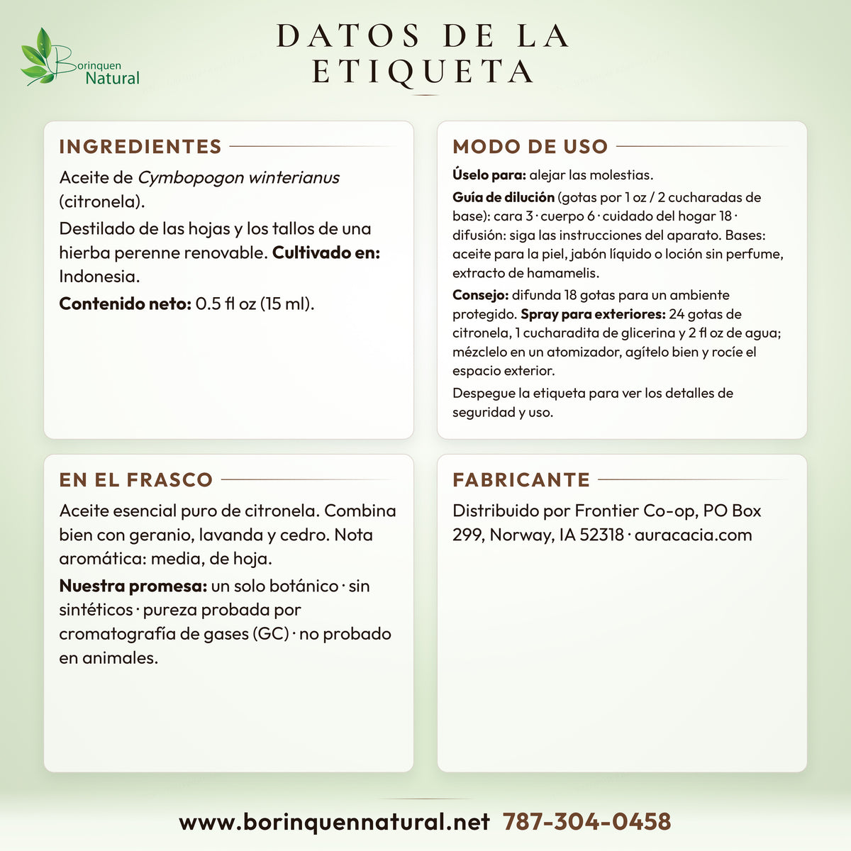 Datos de la etiqueta de la citronela Aura Cacia: ingredientes, guía de dilución, receta y lo que dice el frasco