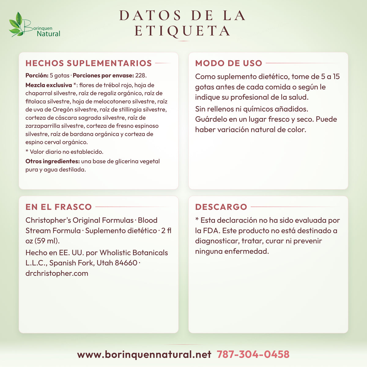 Datos de la etiqueta del Blood Stream Formula de Christopher's: hechos suplementarios, modo de uso y fabricante
