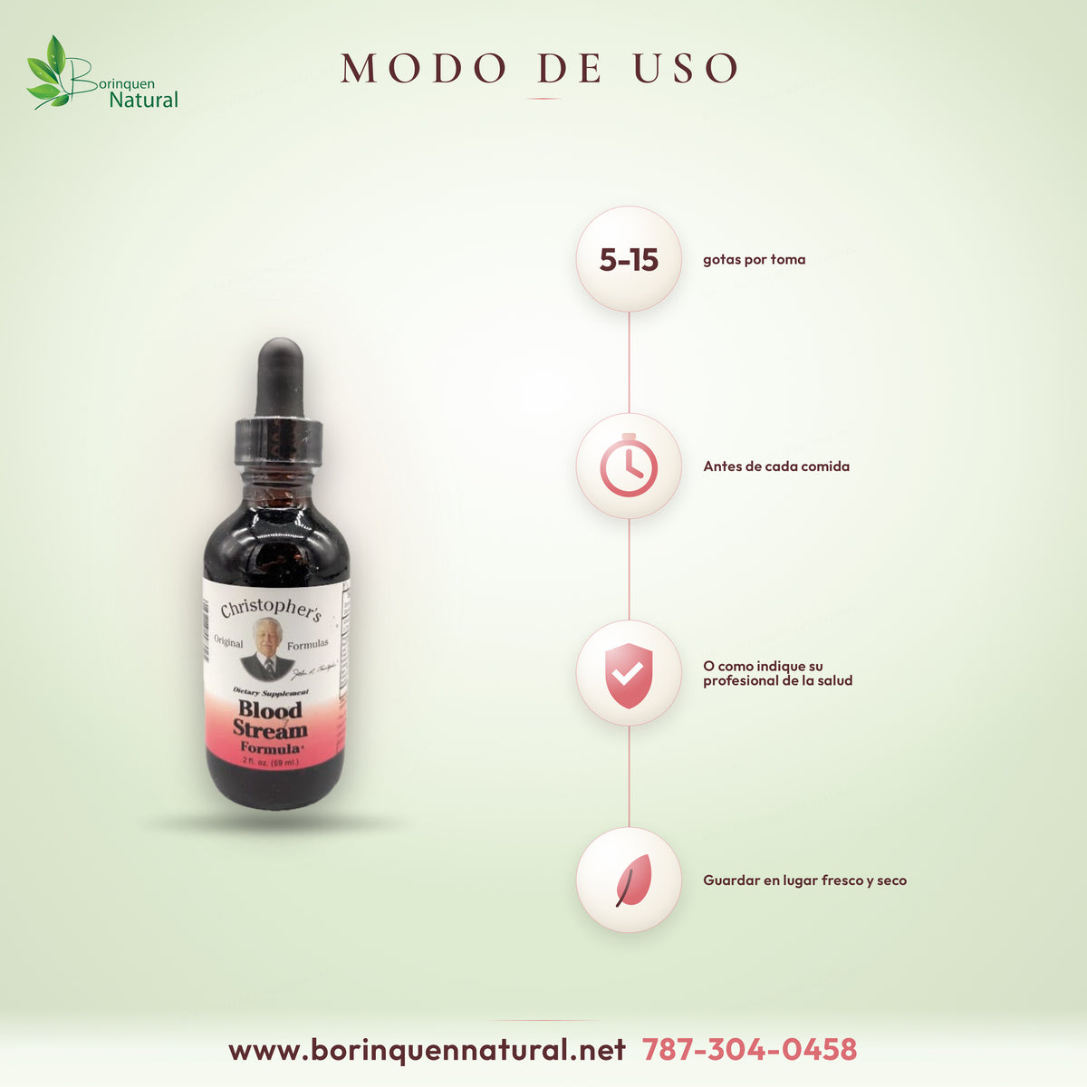 Modo de uso del Blood Stream Formula de Christopher's: de 5 a 15 gotas antes de cada comida o como indique su médico