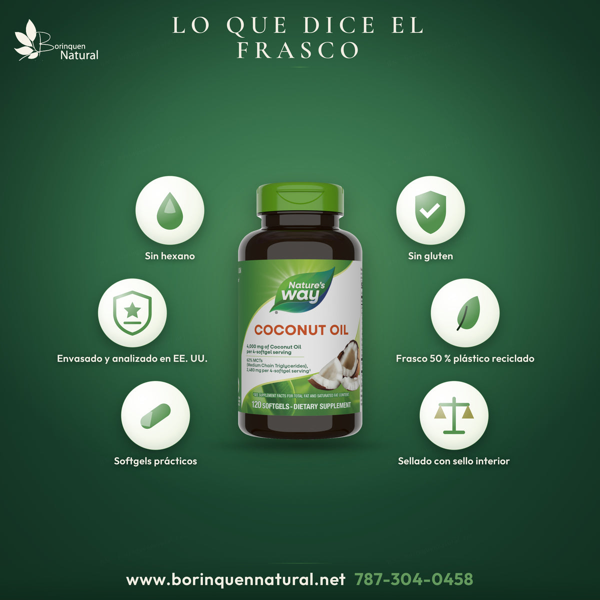 Coconut Oil de Nature's Way: sin hexano, sin gluten, envasado y analizado en EE. UU., frasco con 50 % de plástico reciclado y sello interior