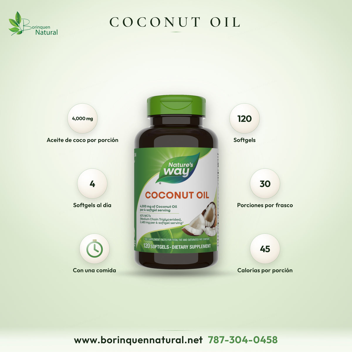 Coconut Oil de Nature's Way, aceite de coco 4,000 mg por porción de 4 softgels, frasco de 120 softgels