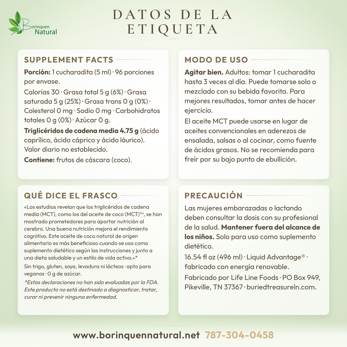 Datos de la etiqueta del aceite MCT Buried Treasure: panel, modo de uso, declaración y precaución