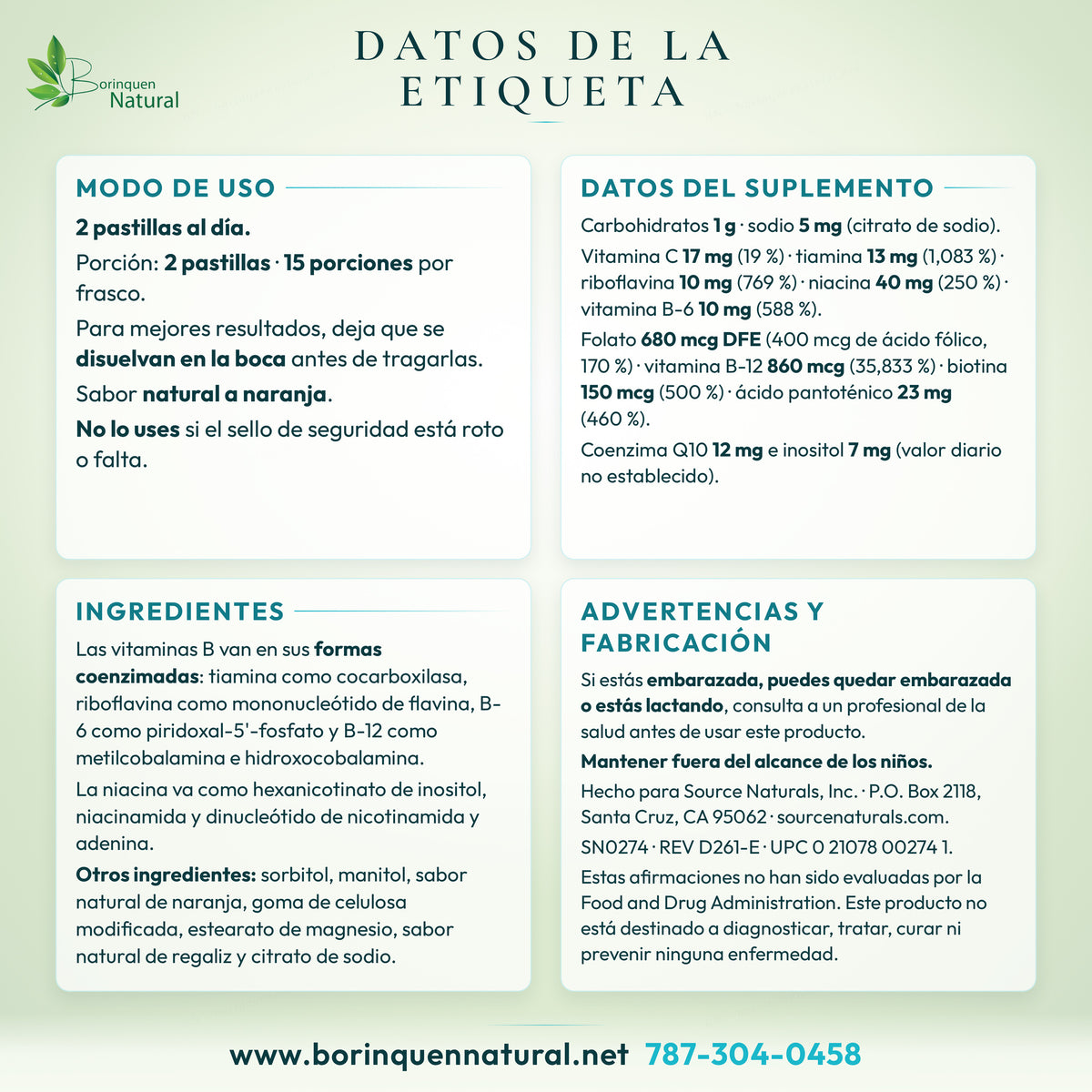 Datos de la etiqueta del Coenzymate B Complex: modo de uso, datos del suplemento, ingredientes y advertencias