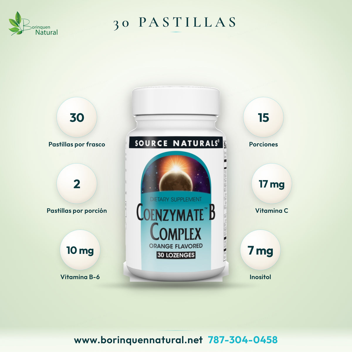 Formato del Coenzymate B Complex: 30 pastillas por frasco, 15 porciones de dos pastillas, con vitamina C, B-6 e inositol