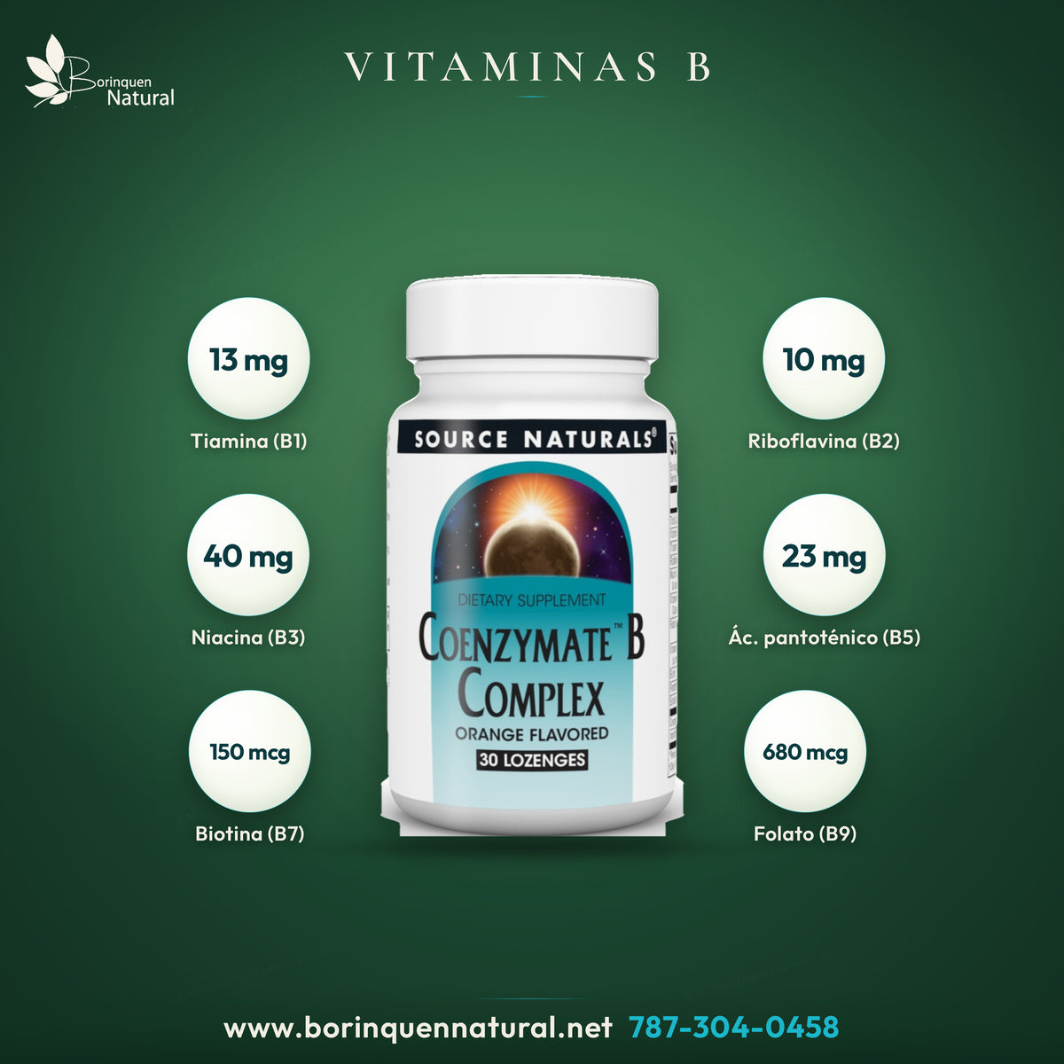 Vitaminas B del Coenzymate B Complex por porción: tiamina, riboflavina, niacina, ácido pantoténico, folato y biotina