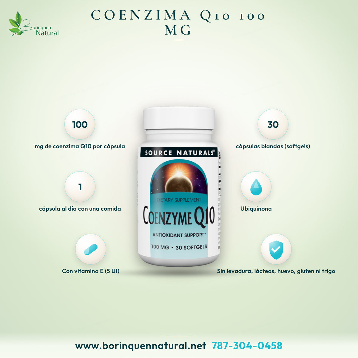 Coenzima Q10 de 100 mg de Source Naturals, frasco de 30 cápsulas blandas (softgels) con ubiquinona y vitamina E