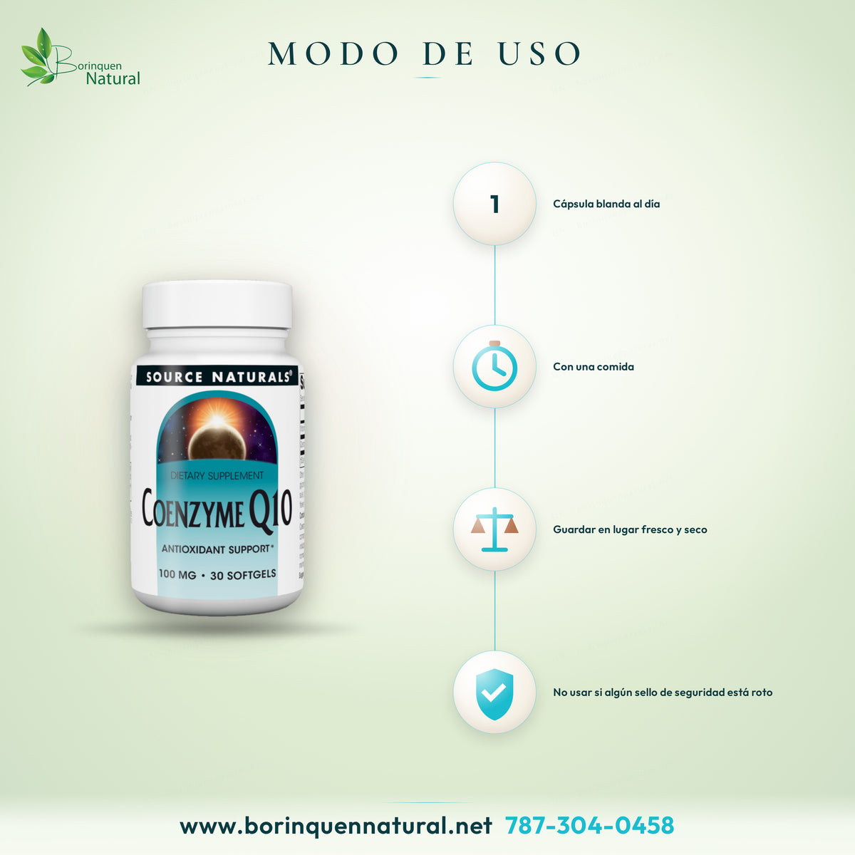 Modo de uso de la Coenzima Q10 de Source Naturals: 1 cápsula blanda al día con una comida; guardar en lugar fresco y seco