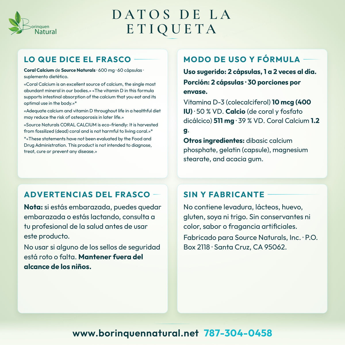 Datos de la etiqueta de Coral Calcium de Source Naturals: lo que dice el frasco, modo de uso, Supplement Facts y advertencias