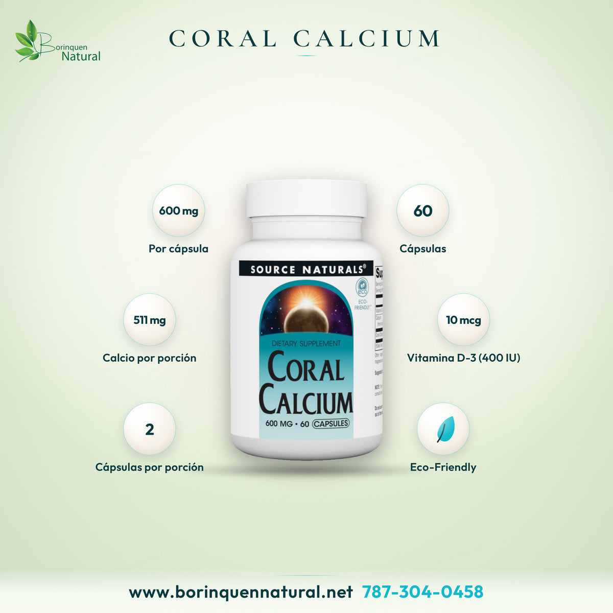 Coral Calcium de Source Naturals, 600 mg, 60 cápsulas, calcio de coral con vitamina D-3